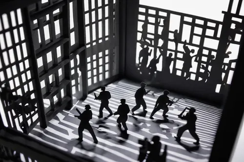 miniature figures,paper art,the laser cuts,room divider,arbitrary confinement,people walking,escher,shadow play,play figures,vertical chess,fire escape,tilt shift,miniature figure,cage,diorama,revolving door,depth of field,wireframe graphics,high-rise,shadows,Unique,Paper Cuts,Paper Cuts 10