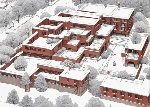 university hospital,school of medicine,school design,north american fraternity and sorority housing,reconstruction,dormitory,3d rendering,holy spirit hospital,workhouse,research institution,model years 1958 to 1967,hospital ward,east middle,new building,children's operation theatre,biotechnology research institute,snow roof,red brick,research institute,academic institution,Illustration,Retro,Retro 18