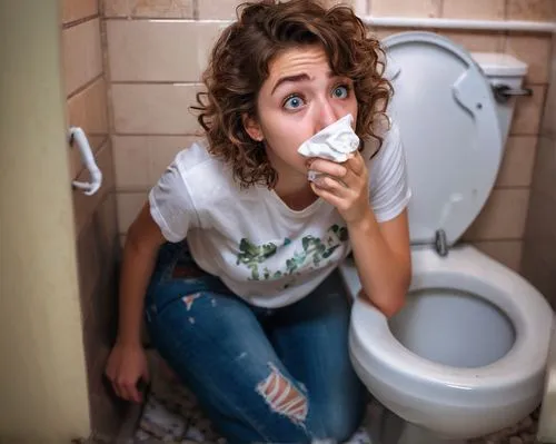 Frightened girl, solo, (18yo), beautiful detailed eyes, light blush, curly brown hair, small nose, casual wear, blue denim jeans, white graphic t-shirt, sneakers, holding nose, scared facial expressio