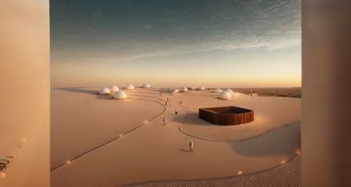 wood facades,there are some white domes in the sand,snohetta,white sands dunes,paranal,salt desert,cube stilt houses,south pole