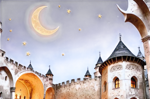 ramadan background,arabic background,moon and star background,crescent moon,night scene,alcazar of seville,fantasy picture,mosques,bidar,carcassone,moonlit night,mudejar,umayyad,mesquita,alcazar,marciulionis,moonlighted,caravansary,fantasy art,fairy tale castle,Illustration,Realistic Fantasy,Realistic Fantasy 42