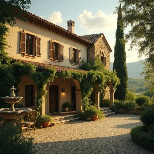 Villa, Vernacular architecture, Italian countryside, sunny afternoon, warm golden light, rustic stone walls, terracotta rooftiles, greenery overflowing from windows, wooden shutters, vines crawling up