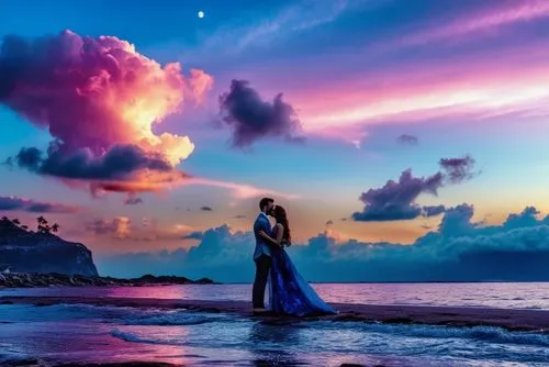 a couple emcing at sunset on the beach,mermaid silhouette,fantasy picture,dreamscapes,splendid colors,mermaid background,sailing blue purple,Photography,General,Realistic