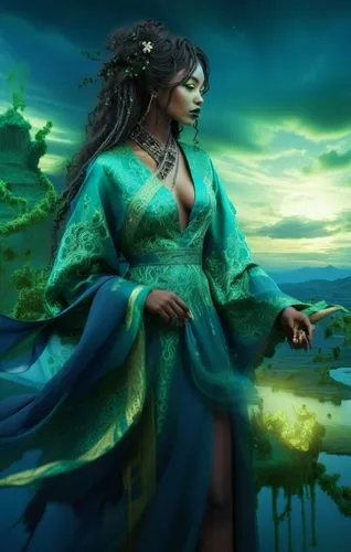 nude Beautiful nigerian girl, full dark curly hair, big green almond eyes, full black lips, misty sky,an oil painting of a woman dressed in a blue and green kimono,fantasy picture,amphitrite,oshun,rus