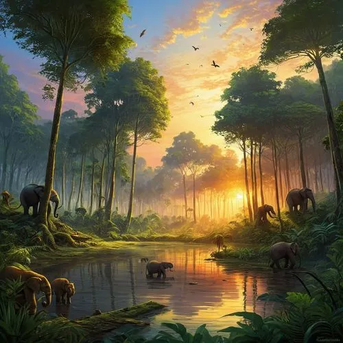 Abundant forest in the sunset period with animals such as elephant, birds, tiger, lion, monkey, deer, turtle, fox, rabbit leaving the forest to their habitats
,an artist depicts several elephants in t