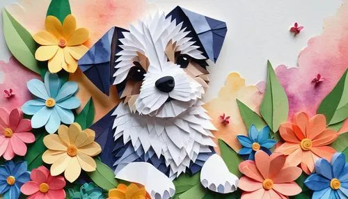 paper art, origami, quilling, cute puppy sitting among flowers,paper art,cardigan welsh corgi,smooth fox terrier,flower animal,fox terrier,paper flower background,welsh cardigan corgi,dog digital pape