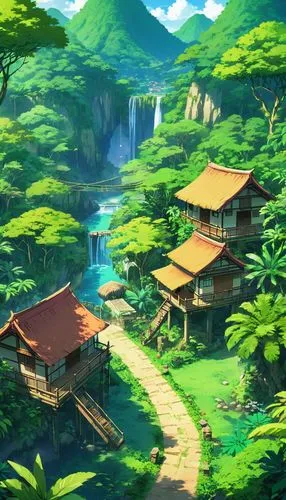 landscape background,japan landscape,kanto,tianxia,teahouse,japanese background,home landscape,background design,cartoon video game background,idyllic,fantasy landscape,oasis,green valley,rice fields,mountain spring,world digital painting,rice terrace,mountain scene,japanese garden,bamboo forest,Illustration,Japanese style,Japanese Style 03