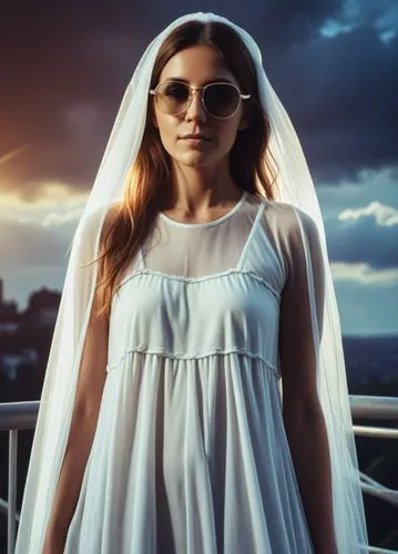 a bride with a veil on holding a wedding bouquet and wearing sunglasses,dead bride,sun bride,the bride,farmiga,jessamine,bridezilla