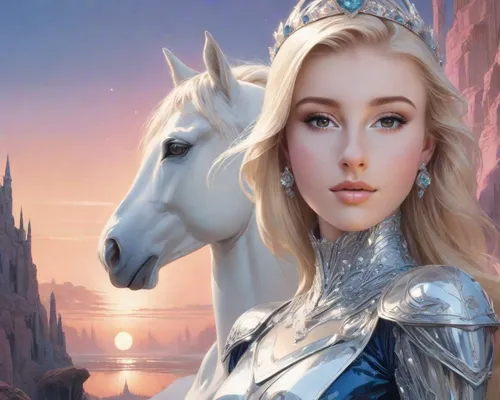 blonde, beautiful, fantasy picture of an elegant super feminine princess in an alien countryside with her white horse, glass and metallic chrome dress, bejewelled tiara, detailed painting, organic, na