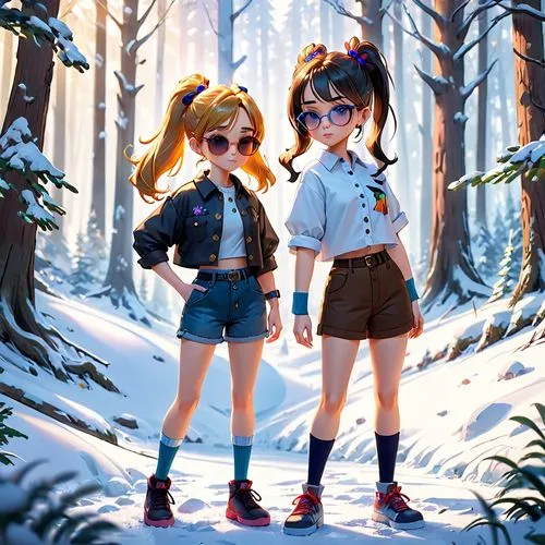 pines,two girls,girl and boy outdoor,snow scene,girl scouts of the usa,hikers,winter clothing,forest walk,kids illustration,happy children playing in the forest,ski glasses,scouts,in the forest,snow trail,winter clothes,snow figures,alpine crossing,forest workers,little girls walking,winter background,Anime,Anime,Cartoon