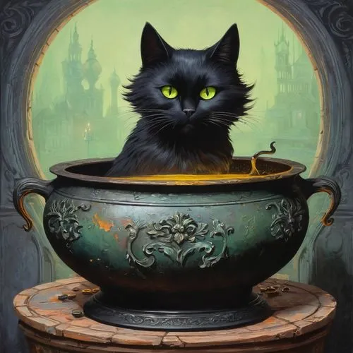 tea party cat,ravenpaw,cauldron,cat drinking tea,caldron,morgana,Conceptual Art,Fantasy,Fantasy 24