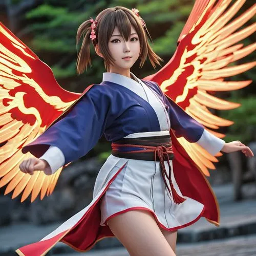 flying anime character,japanese style,girl,cheries,a young woman wearing an angel costume and a ponytail,fire angel,akagi,hoketsu,kaga,winged heart,tengu,Photography,General,Realistic