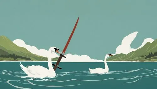 alphorn,wind surfing,paddleboard,canoeing,trumpet of the swan,oars,slalom skiing,kayaker,standup paddleboarding,bow arrow,windsurfing,longbow,paddling,boat rowing,swan boat,oar,canoe,waterskiing,canoe sprint,paddle board,Illustration,Japanese style,Japanese Style 08