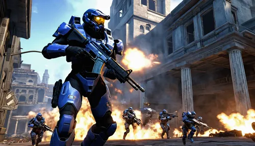 video game, StarCraft, pov, fps, beta version, free access, player character, soldier, military uniform, assault rifle, dynamic action pose, urban warfare environment, destroyed buildings, smoke effec