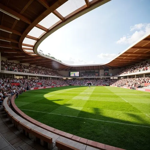 Curved organic stadium design, lush green grass, natural stone seating areas, wooden benches, vibrant team colors, dynamic crowd atmosphere, sunny day, soft warm lighting, shallow depth of field, 3/4 