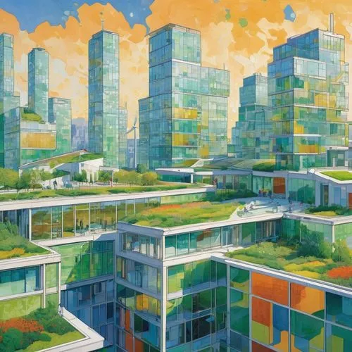 Sustainable architecture, modern eco-friendly building, green roof, solar panels, wind turbines, recycled materials, natural ventilation, large windows, minimal carbon footprint, urban setting, citysc