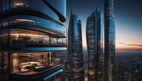 Modern futuristic Elam design, intricate architecture, majestic skyscraper, sleek lines, metallic materials, reflective glass surfaces, neon lights, LED illumination, curved structures, cantilevered e