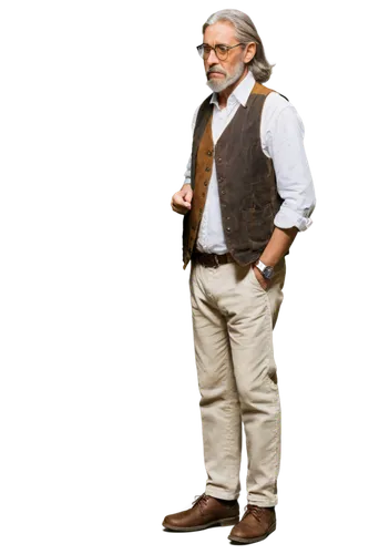 Old, aged, wrinkles, gray hair, beard, glasses, serious expression, worn-out clothes, loose fitting, brown vest, white shirt, dark trousers, leather shoes, standing, hands in pockets, 3/4 composition,