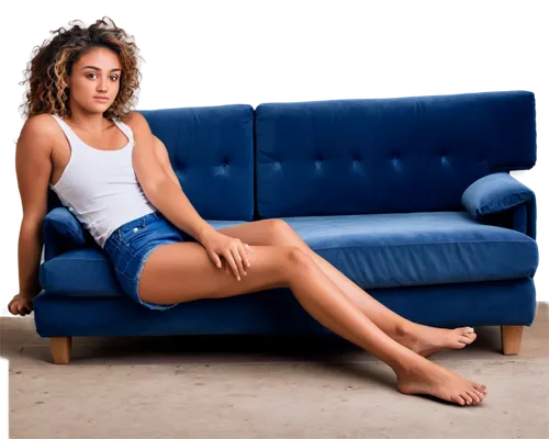 Bent over couch, young woman, relaxed posture, messy hair, casual wear, white tank top, distressed denim shorts, bare feet, toes curled up, soft cushions, velvet texture, warm lighting, cozy atmospher