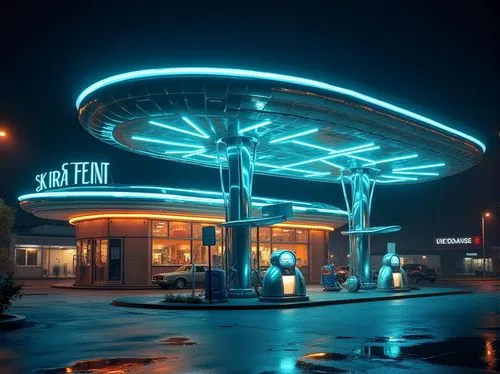 Streamline Moderne style gas station, retro-futuristic architecture, curved lines, neon lights, metallic materials, chrome accents, futuristic pumps, glowing blue and orange hues, sleek canopy, geomet