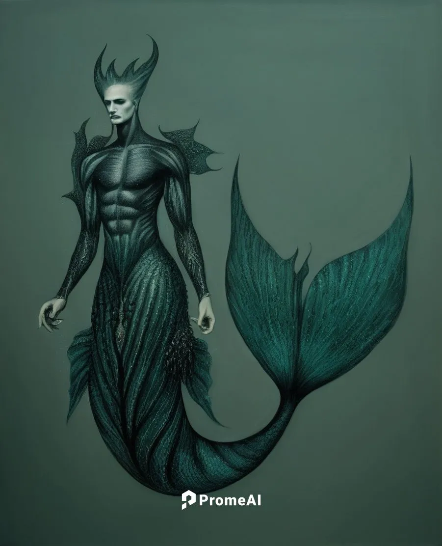 dark male mermaid,an artistic drawing of a man with a mermaid tail,merfolk,dammerman,ammerman,kammerman,sirene,merman,Illustration,Realistic Fantasy,Realistic Fantasy 40