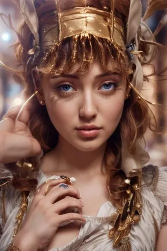 hypatia,thyatira,ancient egyptian girl,fantasy portrait,frigga,golden crown,cleopatra,asherah,theodora,messalina,amneris,mystical portrait of a girl,thracian,athena,ceromitia,sigyn,hippolyta,margairaz,faery,estess