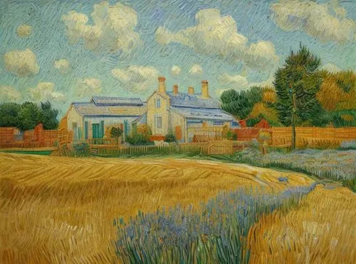 painting in the style of Vincent van Gogh,farm landscape,ausley,auvers,rural landscape,agricultural scene,sisley,vincent,pissarro,wheatfield,home landscape,vincent van gough,guillaumin,postimpressioni