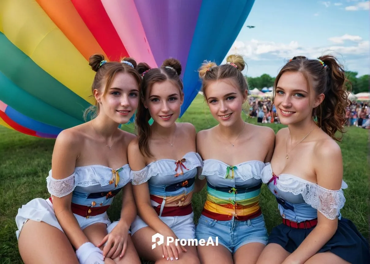 
Top view, three, three beautiful females, beautiful, flirty, attractive, active, females, direct eye contact, flirty, flirty exposed shoulders, strapless top, rainbow swirl cream colored uniform, 7/8