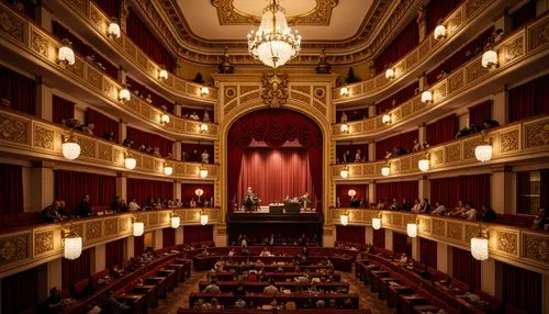 Richly ornate opera house, Baroque architecture, grandiose chandeliers, velvety red curtains, golden accents, intricate moldings, marble floors, lavish furnishings, opulent balconies, dramatic lightin