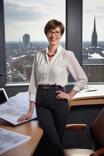 Mature lady, architectural designer, Essex, UK, 35yo, short brown hair, glasses, elegant smile, white blouse, black blazer, fitted trousers, high heels, holding blueprints, standing, modern office int