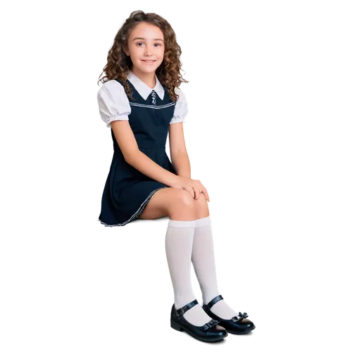 Young girl, short dress, solo, (12yo), sweet smile, bright eyes, curly brown hair, dimples, white socks, black Mary Jane shoes, sitting, legs crossed, Loli, soft focus, warm lighting, 3/4 composition,