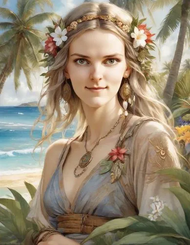 margairaz,margaery,moana,galadriel,jessamine,frigga,eliza,emile vernon,hula,freyja,cressida,polynesian girl,beach background,diwata,daenerys,luau,ariadne,aloha,aslaug,silja,Digital Art,Classicism