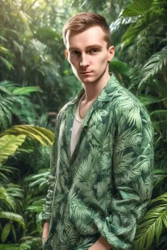 a man is standing in front of a forest full of plants,frankmusik,jungly,camoys,zatterin,bosman,camo