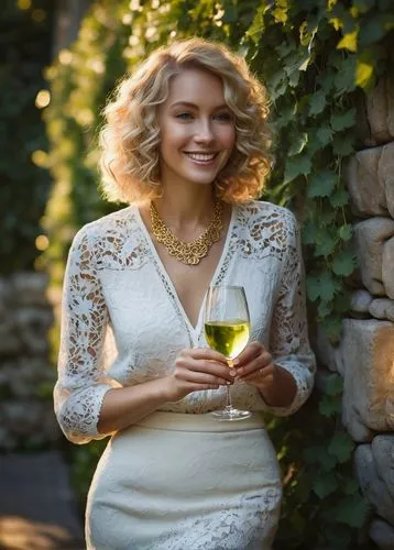 Elegant woman, okilly dokilly, holding a glass of white wine spritzer, smiling, relaxed posture, curly blonde hair, subtle makeup, golden necklace, lace blouse, flowing maxi skirt, high heels, standin