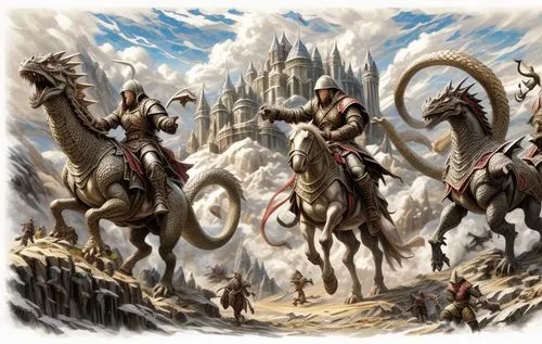 an image of three knights on horses chasing other horse riders,barsoom,dragonlance,diterlizzi,western riding,elves flight,sleigh ride