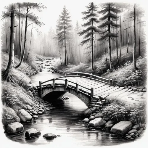 wooden bridge,hangman's bridge,adventure bridge,scenic bridge,viola bridge,hanging bridge,Illustration,Black and White,Black and White 35