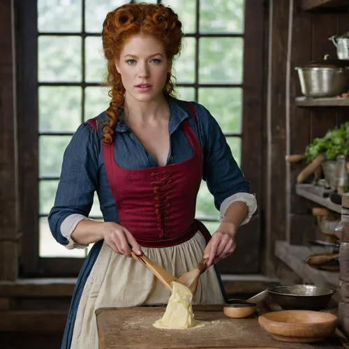 Colonial America, 1760’s,Rachelle Lefevre, churning butter in the Colonial Ketchen, Williamsburg, Virginia, Wearing 1760’s Apron, working dress, The image captivates with its high definition, capturin