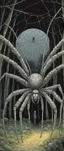 Describe a terrifying encounter with a giant spider in a dark, abandoned forest.,harvestmen,harvestman,arthropod,funnel web spider,arachnid,walking spider,tangle-web spider,widow spider,tarantula,arth