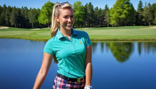 Sexy female golfer, sporty, athletic build, blonde hair, ponytail, minimal makeup, bright smile, golf clubs, polo shirt, plaid shorts, white socks, sneakers, green grass, sunny day, blue sky, trees, g