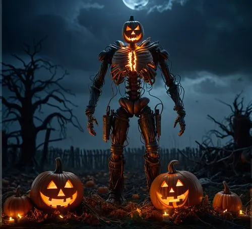 a unique scary Halloween figure taking  the night  with spooky tornado of pumpkins, scarecrows and ghosts ,a robot dressed up like a skeleton standing among a pumpkin - filled yard,halloween backgroun