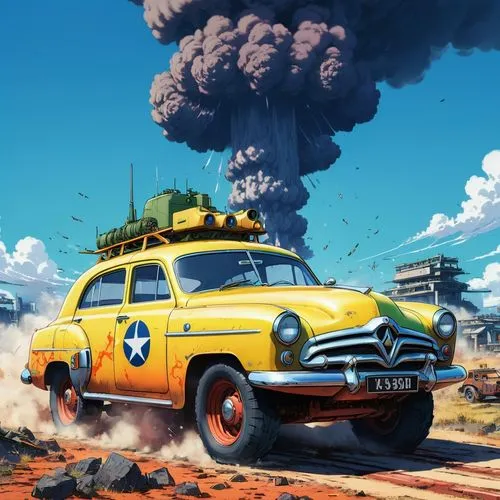 motorstorm,sedensky,atomic age,bomberos,retro vehicle,civil defense,Illustration,Japanese style,Japanese Style 03