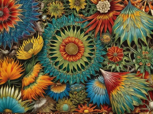 african daisies,hippie fabric,fabric flowers,parrot feathers,flowers png,blanket flowers,flower fabric,peacock feathers,sunflower paper,embroidered flowers,textile,fabric flower,dried flowers,woolflowers,color feathers,chrysanthemum exhibition,chrysanthemum background,flowers fabric,colorful flowers,close up stamens,Illustration,Retro,Retro 24