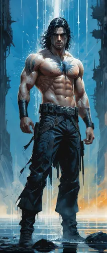 heroic fantasy,barbarian,tarzan,half orc,swordsman,male character,xing yi quan,avenger hulk hero,hercules,leopard's bane,strongman,poseidon,the man in the water,sea god,wolverine,muscular build,muscular,gear shaper,god of the sea,muscle man,Conceptual Art,Fantasy,Fantasy 33