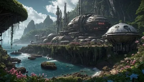 futuristic landscape,imperial shores,valerian,fantasy landscape,an island far away landscape,alien world,terraforming,artificial island,alien planet,fairy village,ancient city,sci fi,floating islands,mushroom island,fantasy city,fantasy picture,fairy world,concept art,fantasy world,mountain settlement