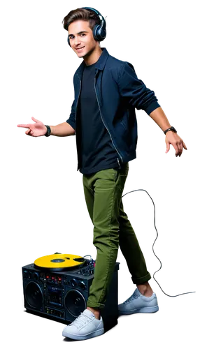 DJ, headphones, microphone, vinyl records, mixing console, studio monitor speakers, neon lights, dark background, dynamic pose, youthful male, casual wear, sneakers, relaxed atmosphere, warm color ton