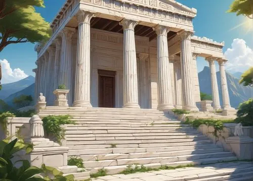 greek temple,artemis temple,roman temple,temple of diana,acropolis,house with caryatids,tempio,mausoleum ruins,panagora,celsus library,erechtheus,egyptian temple,temple,ephesus,temple of hercules,erechtheion,parthenon,capitolium,poseidons temple,delphi,Illustration,Japanese style,Japanese Style 07