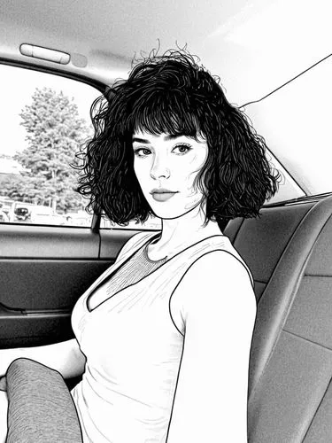 an attractive woman sitting in the driver's seat of a car,tura satana,woman in the car,girl in car,comic halftone woman,tomie,bratmobile,Design Sketch,Design Sketch,Black and white Comic