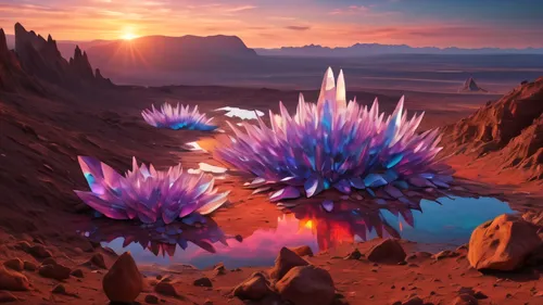 fantasy landscape,futuristic landscape,desert flower,flowerful desert,alien world,alien planet,crystalline,fallen giants valley,desert desert landscape,desert landscape,desert plants,volcanic landscape,fantasy picture,cynara,3d fantasy,fractals art,fantasy art,purple landscape,moonlight cactus,purpurite,Photography,General,Natural