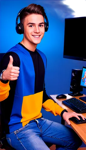 Young YouTuber, male, thumbs up, smiling, headset, microphone, casual wear, graphic t-shirt, jeans, sneakers, sitting in front of computer, multiple monitors, keyboard, mouse, video editing software, 