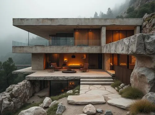 house in mountains,house in the mountains,dunes house,kundig,the cabin in the mountains,cubic house,cliffside,modern architecture,cantilevers,forest house,cantilevered,amanresorts,exposed concrete,mid century house,beautiful home,fallingwater,modern house,stone house,dreamhouse,alpine style,Photography,General,Realistic